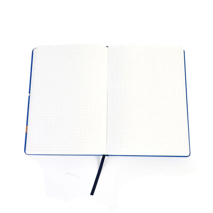Open grid notebook with blue cover and ribbon bookmark on white background