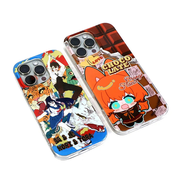 Two custom anime-themed eco-friendly iPhone cases with colorful cartoon and character designs