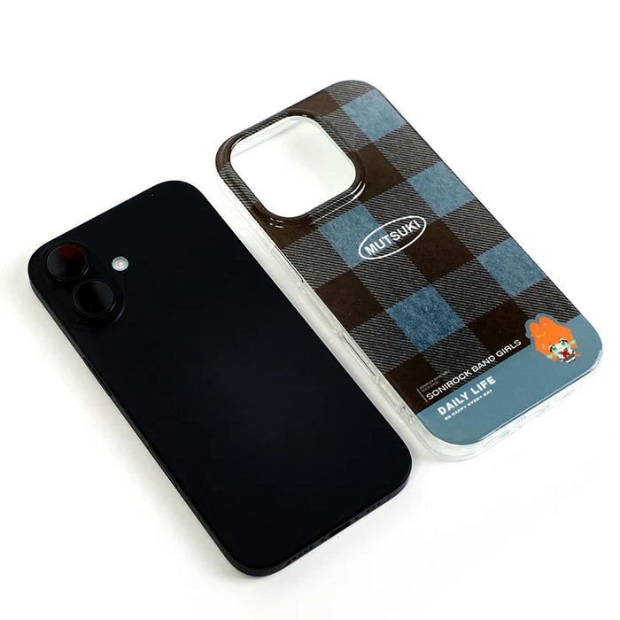 Custom eco-friendly iPhone case with blue plaid design and black iPhone on white background