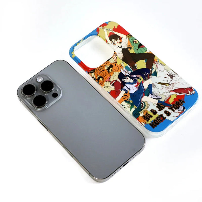 Anime-themed eco-friendly custom iPhone case beside a silver iPhone on white background