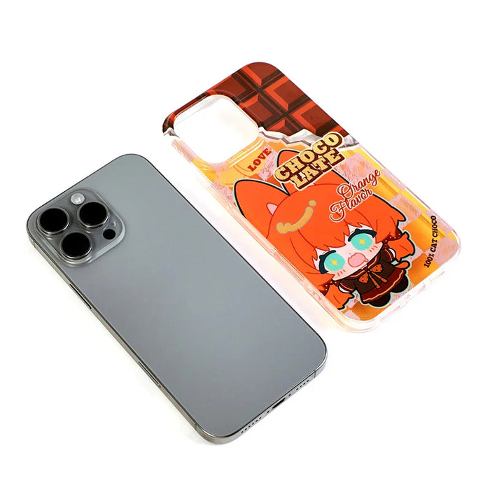 Custom eco-friendly iPhone case with cute orange anime character and chocolate bar design