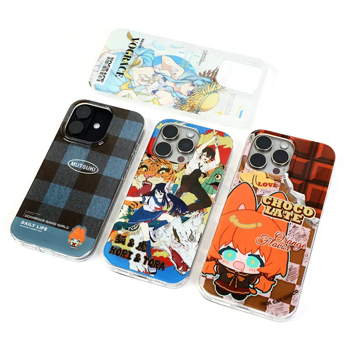 Custom eco-friendly phone cases with anime characters, cartoon graphics, and vibrant designs