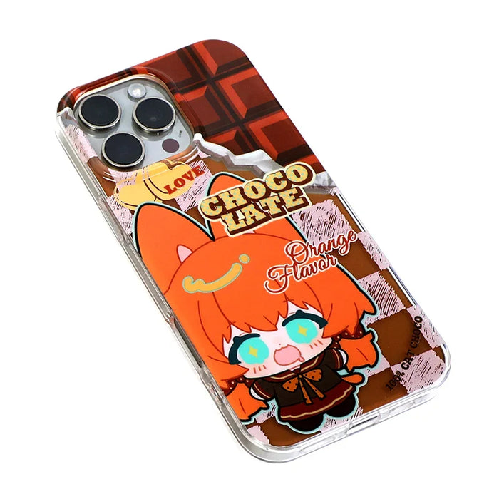 Custom iPhone case with anime orange cat girl, chocolate bar design, eco-friendly material