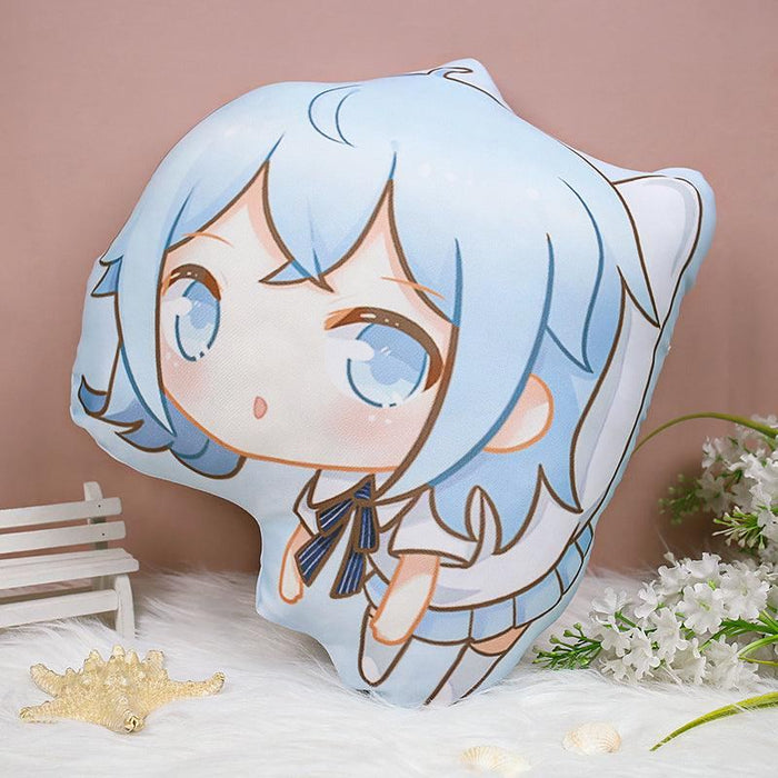 Custom anime character throw pillow with light blue hair in a cute, chibi style, on fluffy surface