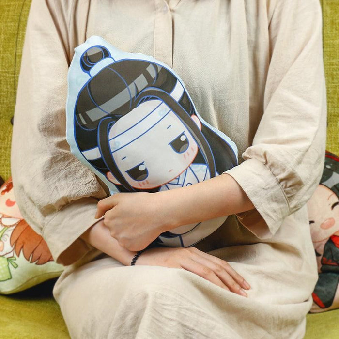 Person holding anime custom-shaped throw pillow with chibi cartoon character design