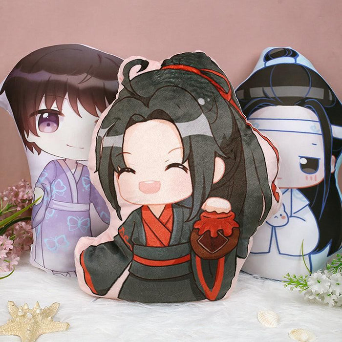 Custom anime character throw pillows with chibi style designs, displayed on a soft surface