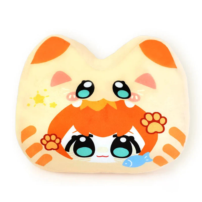 Cute custom cat-shaped plush pillow with anime face, orange ears, and paw print design