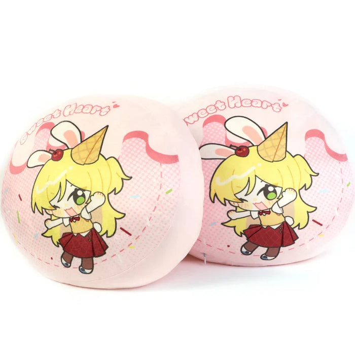Pair of round pink plush pillows with cute anime girl design, bunny ears, and ice cream cone accents