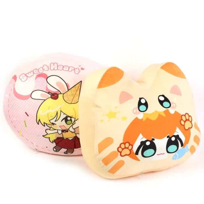 Custom plush pillows with cute anime character and cat designs on white background