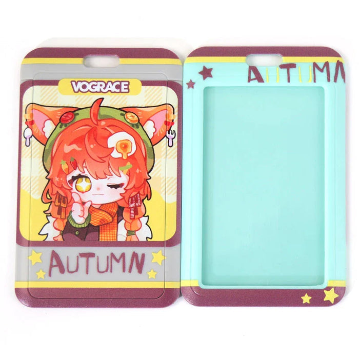 Custom plastic card holder with anime autumn character design and vibrant colors