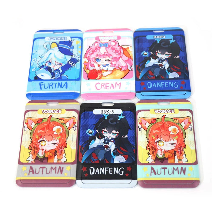 Custom plastic card holders featuring colorful anime characters and name tags in various styles