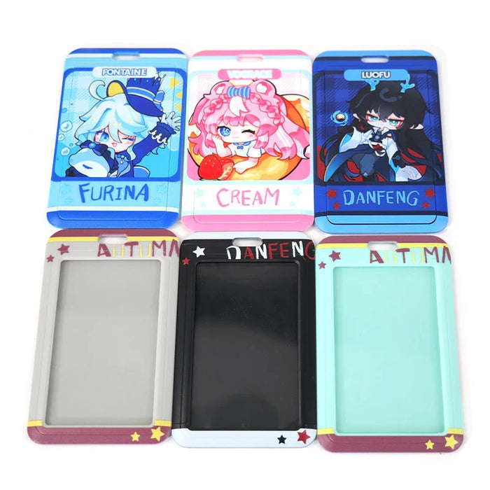 Custom plastic card holders with colorful anime designs and character illustrations, six styles