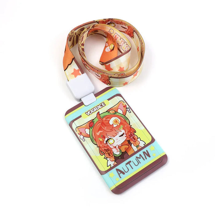 Cute anime autumn-themed lanyard with colorful character badge holder and cartoon artwork.