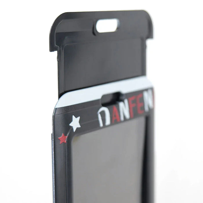 Custom plastic card holder with black frame and star decorations on a white background