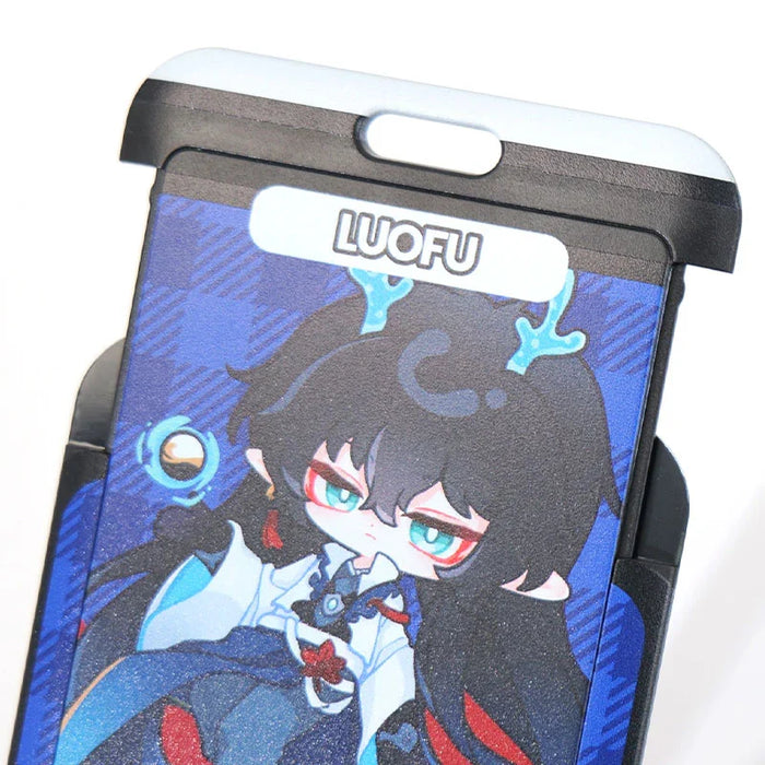 Custom plastic card holder with anime character and LUOFU label, blue and black design.
