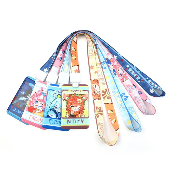 Colorful anime-style custom lanyards with character card holders, cute cartoon designs