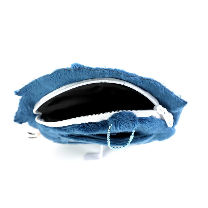 Open blue plush coin pouch with zipper and keychain attachment on white background