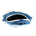 Open blue plush coin pouch with zipper and keychain attachment on white background