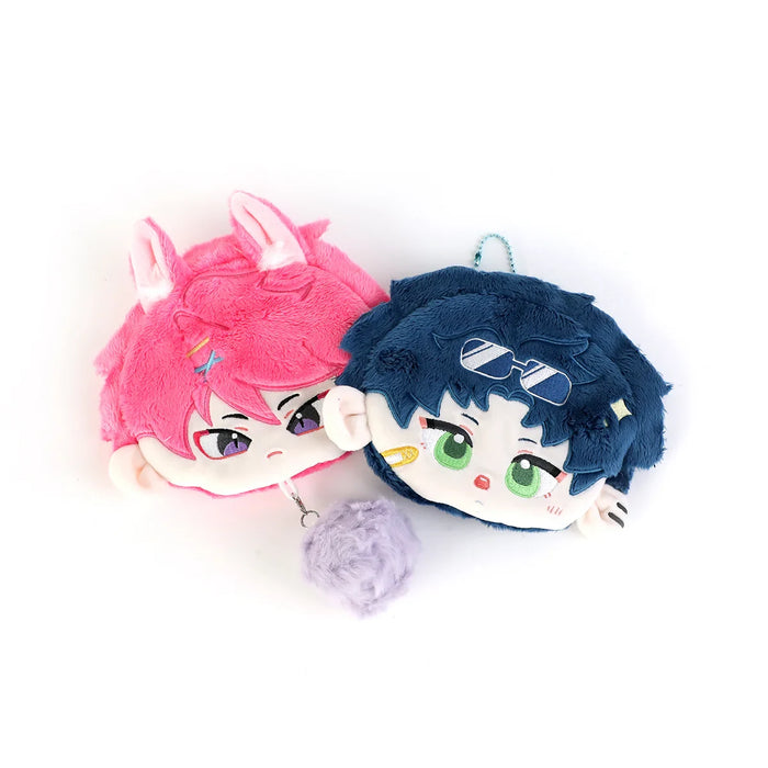 Custom plush coin pouches with cute anime faces, pink and blue designs, zipper closure