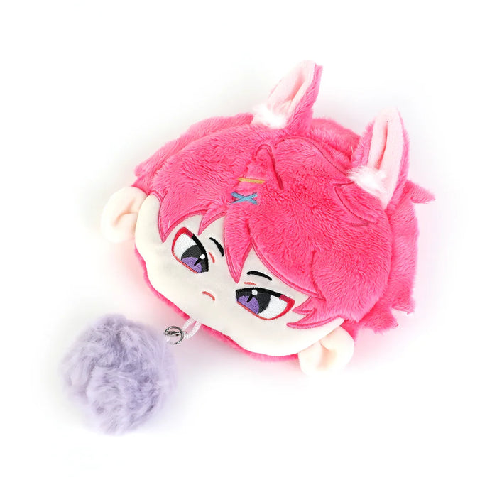 Pink anime plush keychain with animal ears, purple eyes, and a fluffy lavender pompom