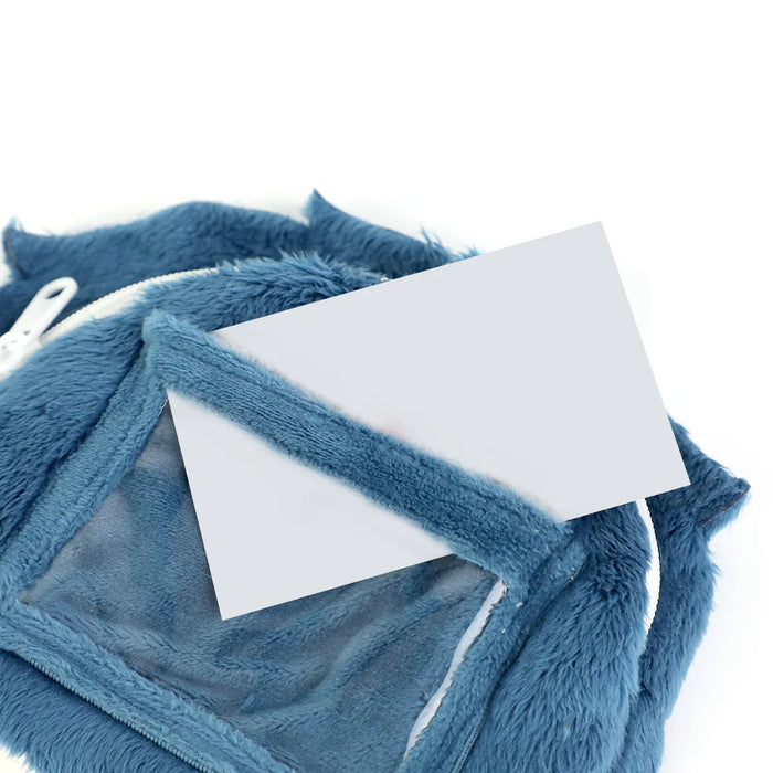 Blue plush zippered pouch with transparent window displaying a card inside.