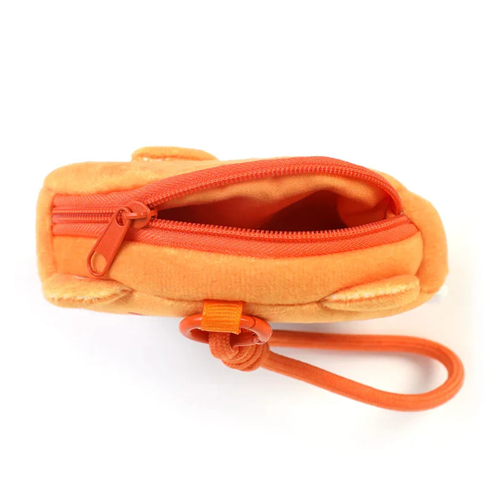 Orange plush coin purse with zipper and wrist strap, soft custom pouch for coins or small items