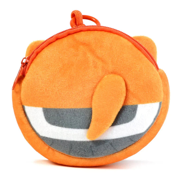 Round orange custom plush coin purse with zipper, animal design and tail accent.