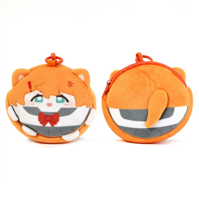 Custom orange plush coin purse with cute animal face, zipper closure, and round shape