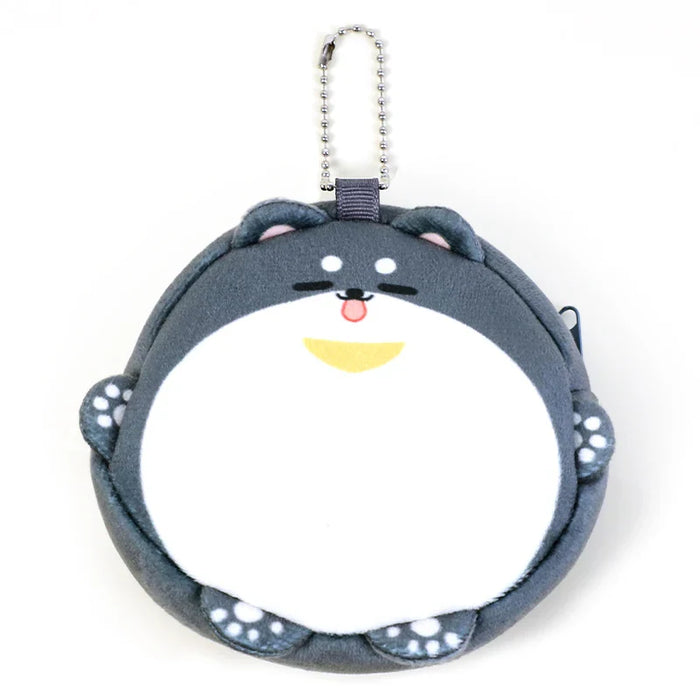 Round plush coin purse shaped like a cute gray cartoon cat with a keychain attachment