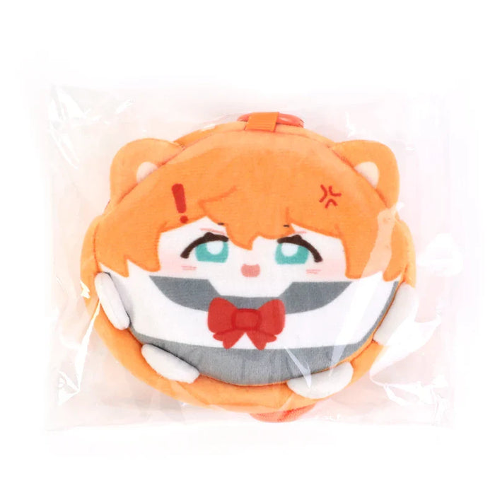 Custom plush coin purse with cute anime face, orange hair, and cat ears in packaging.