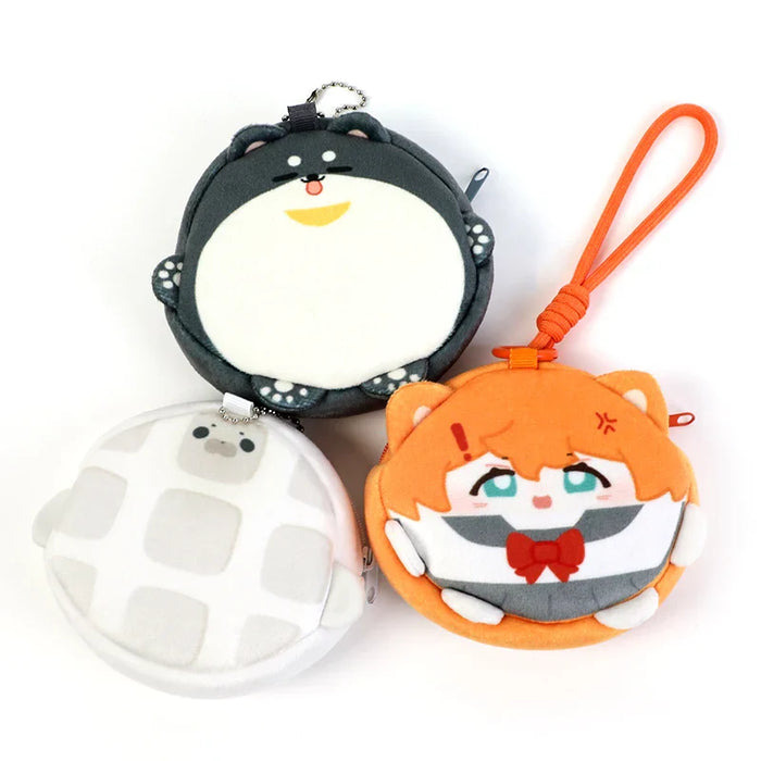 Set of three round custom plush coin purses with cute animal and anime character designs