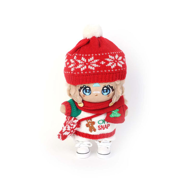 Custom plush doll with blue eyes, red knit hat, sweater, and festive scarf