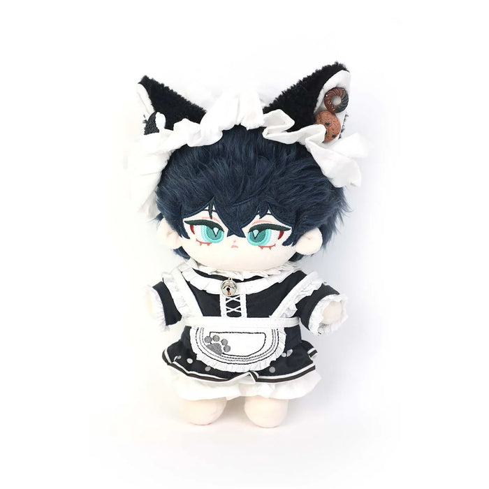 Custom plush toy with cat ears, blue hair, maid outfit, and embroidered face details