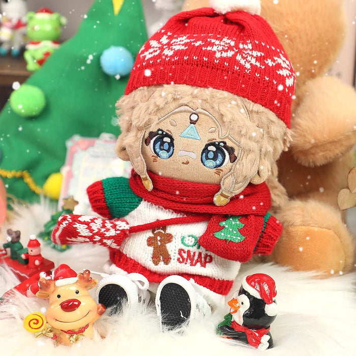Custom plush doll in festive red hat and scarf with Christmas toys in a holiday setting