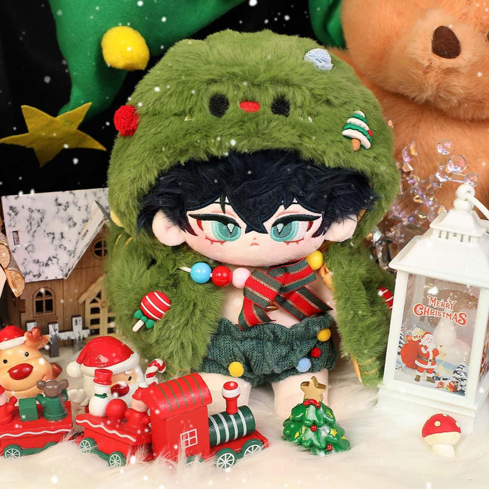 Custom plush doll in green festive outfit with Christmas decorations and toy train