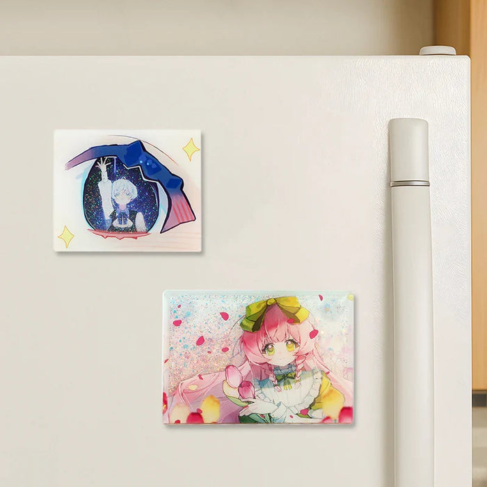 Custom pre-filled quicksand liquid anime fridge magnets with cute character designs on a white refrigerator.