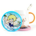 Custom pre-filled liquid acrylic coaster with anime character, blue edge, and cute cat mug