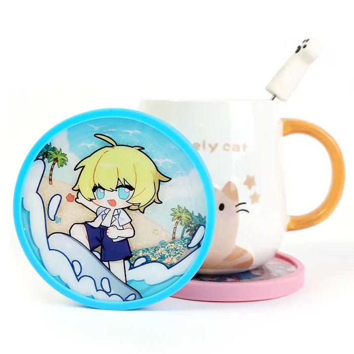 Custom pre-filled liquid acrylic coaster with anime character, blue edge, and cute cat mug