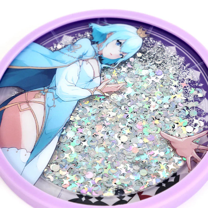 Round acrylic shaker keychain with anime girl, holographic glitter, and purple rim