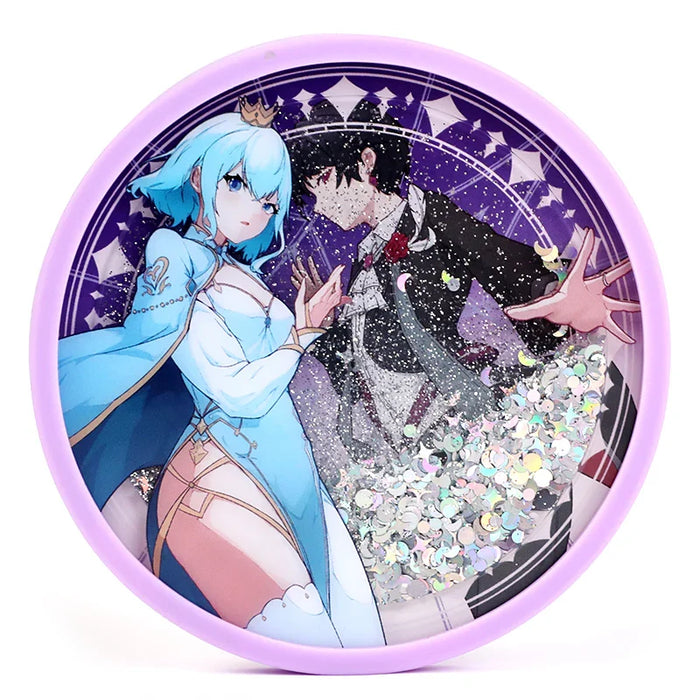 Custom round acrylic coaster with anime characters, purple border, floating glitter accents