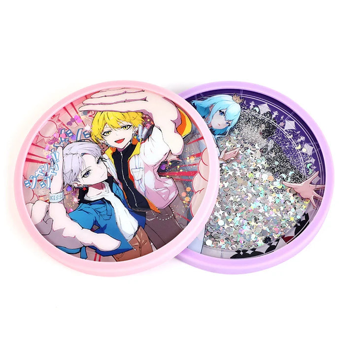 Custom round acrylic coasters with anime characters and glitter quicksand liquid design
