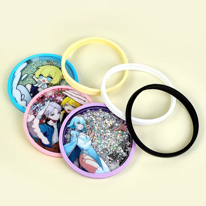 Custom pre-filled quicksand liquid acrylic coasters with anime designs and colorful rims