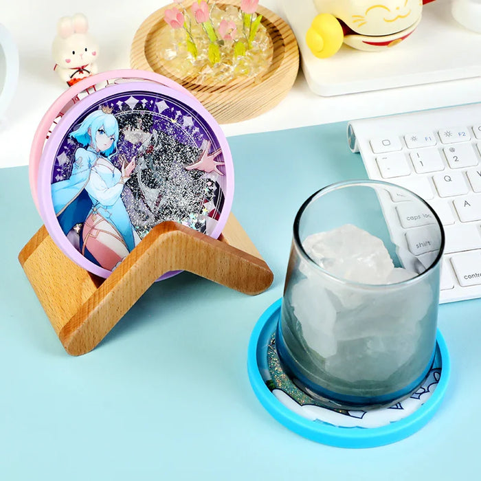 Custom pre-filled quicksand liquid acrylic coaster with anime character on desk by keyboard