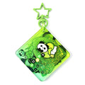 Green pre-filled liquid quicksand keychain with panda character, glitter, and star-shaped clip