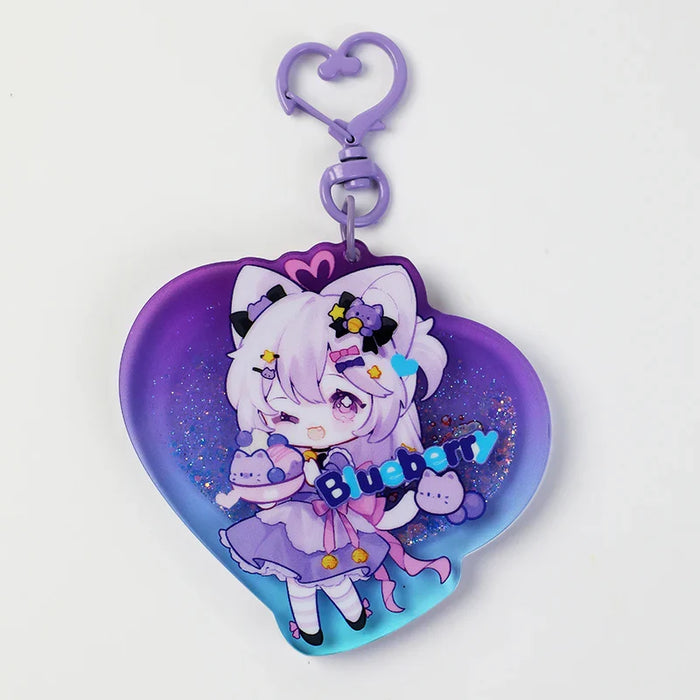 Heart-shaped custom pre-filled quicksand liquid keychain with anime cat girl and glitter