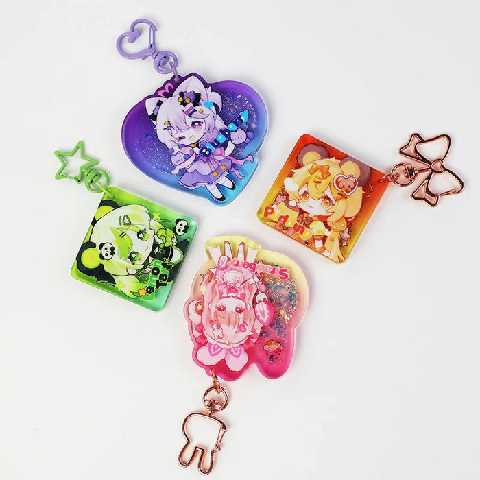 Colorful custom acrylic keychains with anime characters and fun shaped clasps displayed on white
