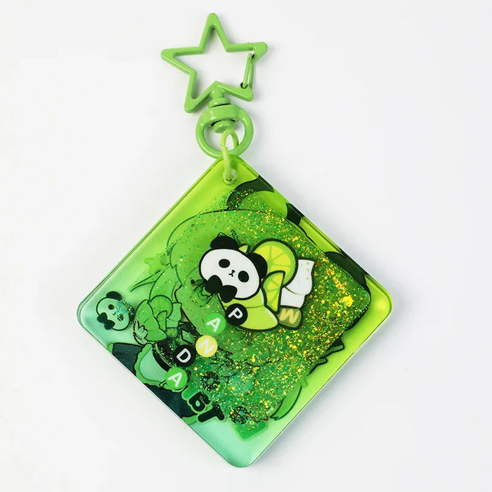 Green liquid quicksand keychain with panda design, glitter, and star-shaped clasp