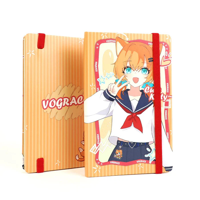 Anime-style notebook with cat girl character, red ribbon, and Vograce branding on striped orange cover