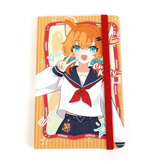 Anime girl notebook with cat ears, sailor uniform, red strap, and VOGRACE branding