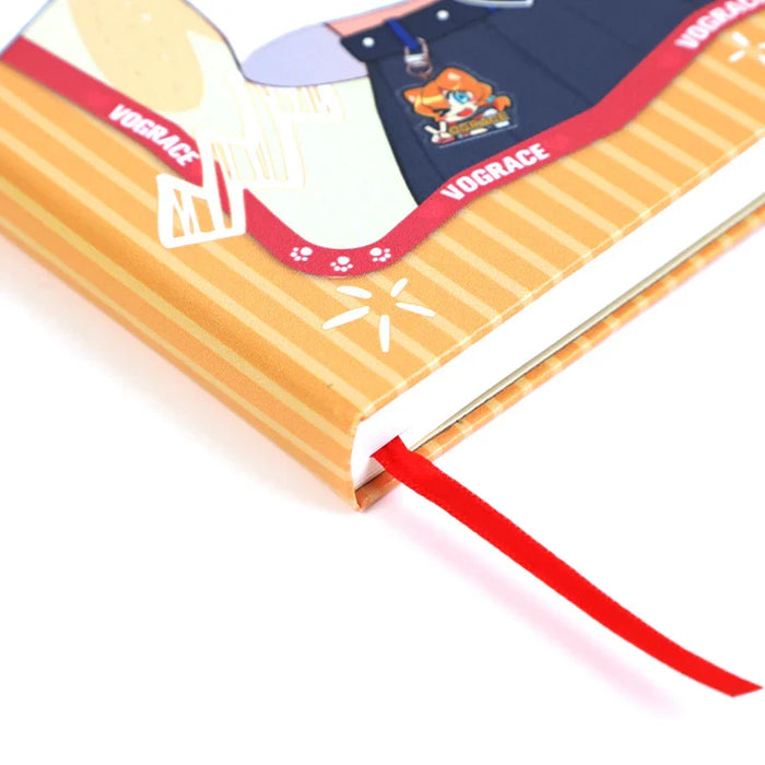 Anime-style notebook with orange stripes, red bookmark, and character design, ideal for fans and collectors.